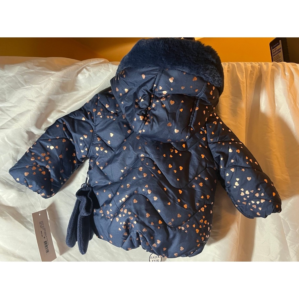 Rothschild Baby Girls Infant Jacket Navy Blue Gold Hearts 12 Months Mittens Hood - Picture 5 of 7